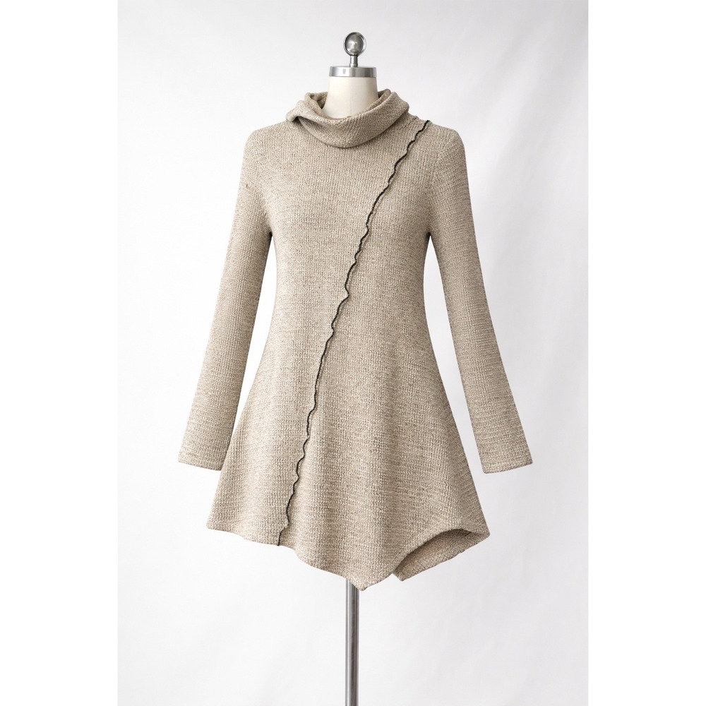 Ali‎ Miles Asymmetrical Cowl Neck Tunic Sweater Size S Tan Lagenlook Style Boho